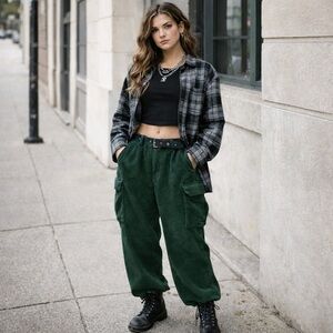 CORDUROY CARGO PANTS WIDE LEG DARK GREEN BAGGY SLOUCHY SIZE MEDIUM NWT